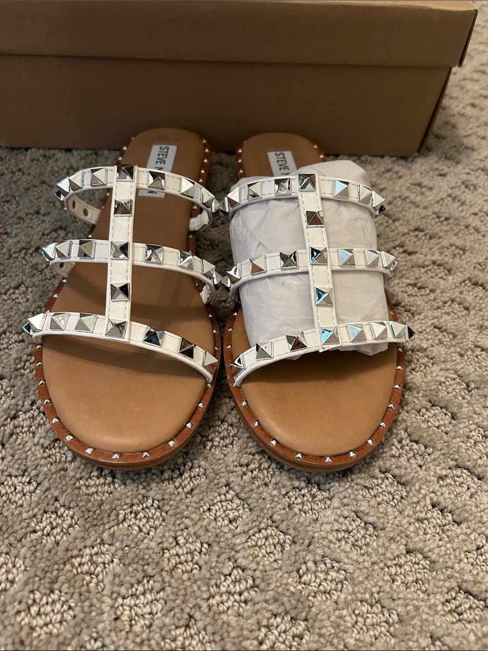 Steve Madden White Pyramid Stud Slide Sandals